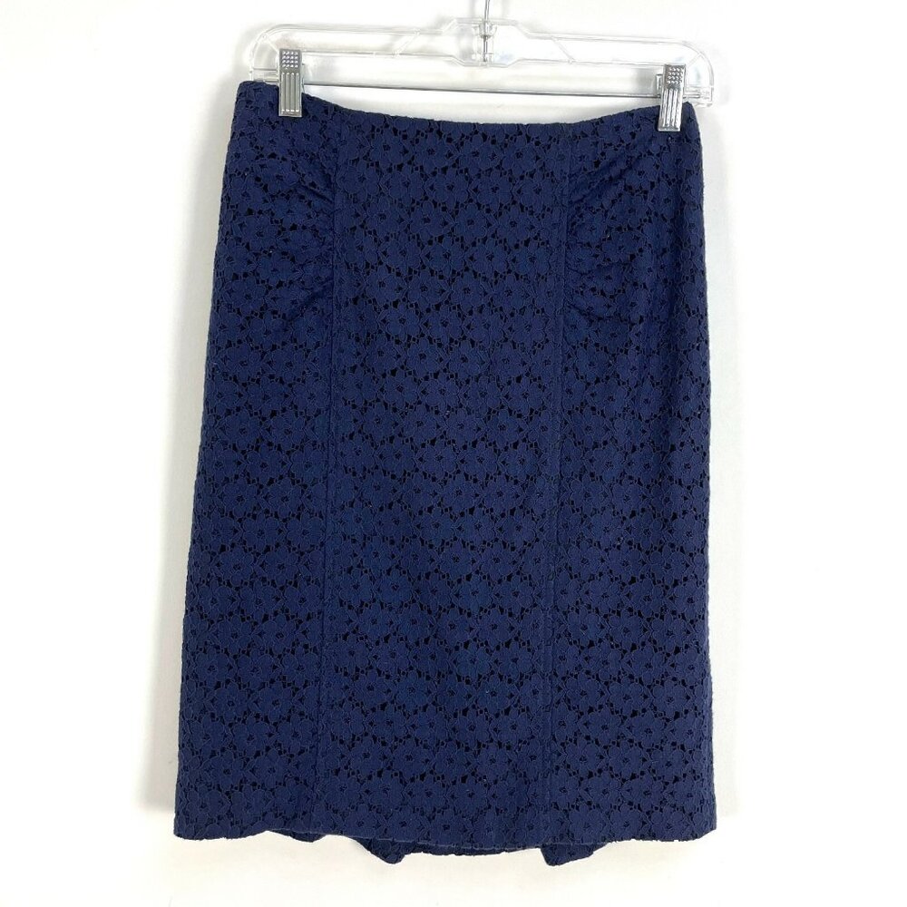 Nanette Lepore Womens 2 Navy Lace Overlay‎ Straight Pencil Skirt Ruffle Back